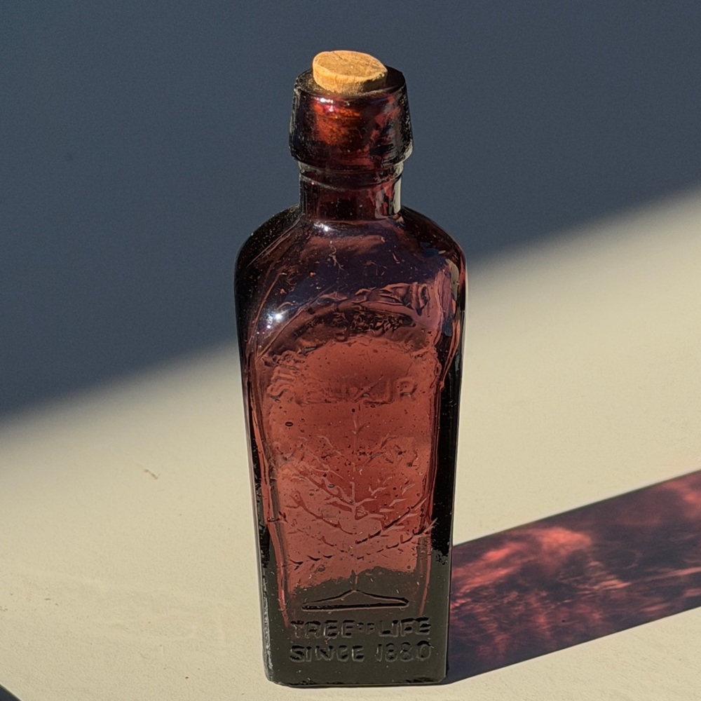Vintage Wheaton Straubhullers Tree of Life Elixir Bottle with Cork, Purple 3.25”